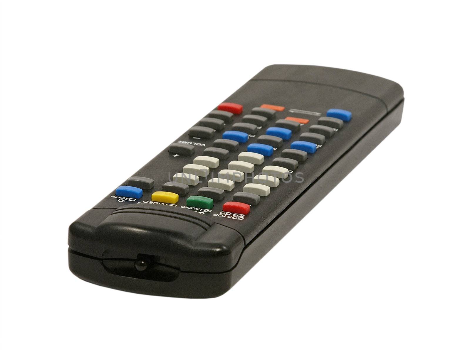 Closeup black remote control isolated on white background.