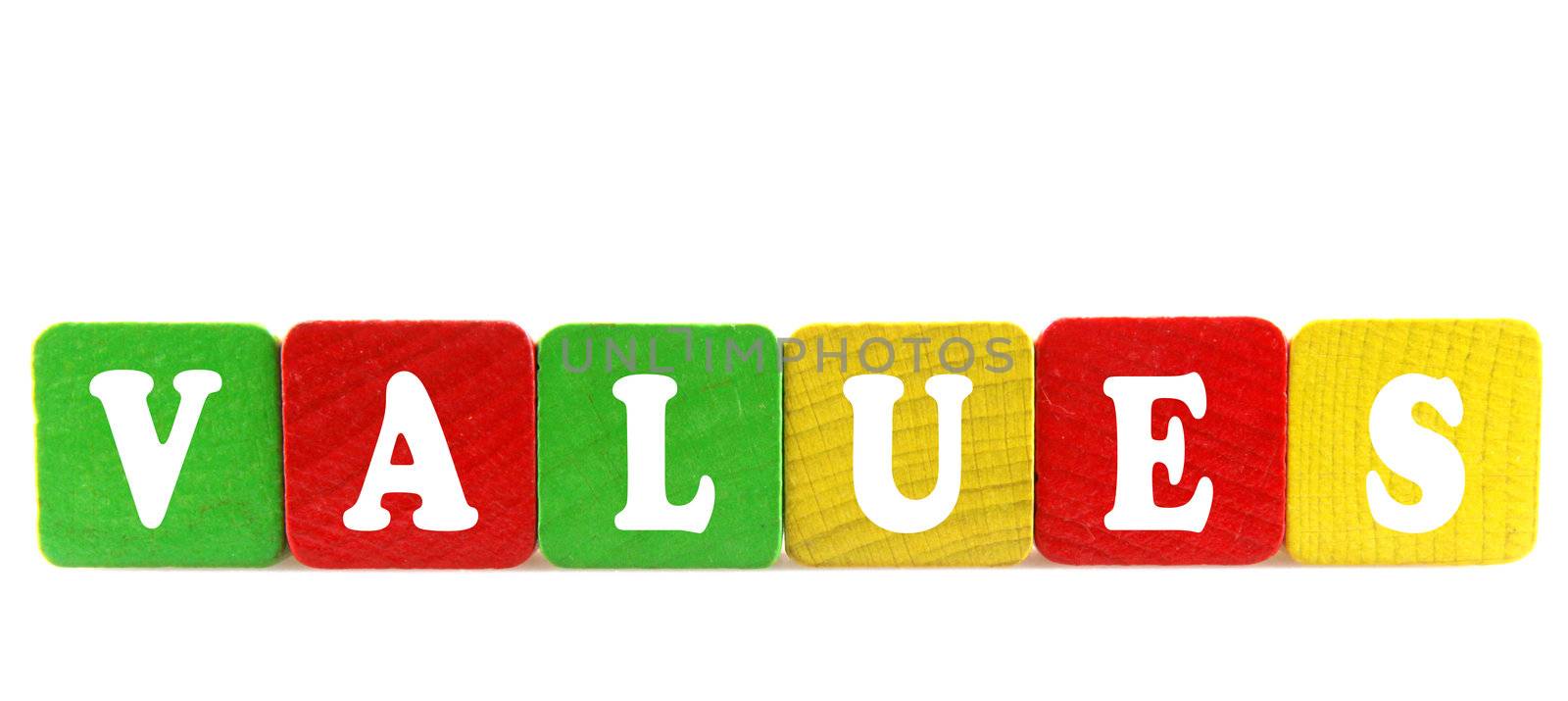 values - isolated text in wooden building blocks