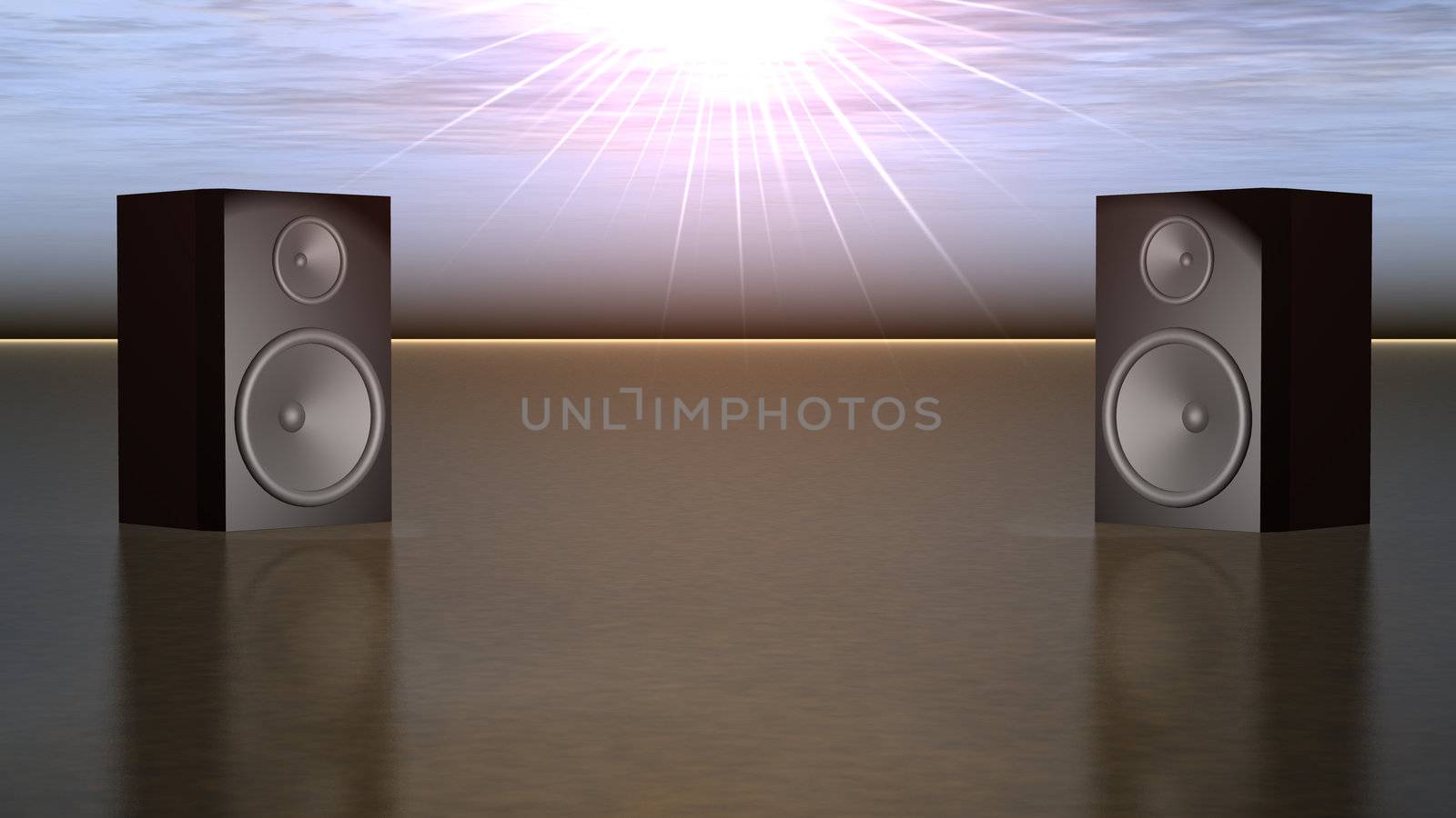 Musical speakers located on a metal surface on a background of bright beams of the sun