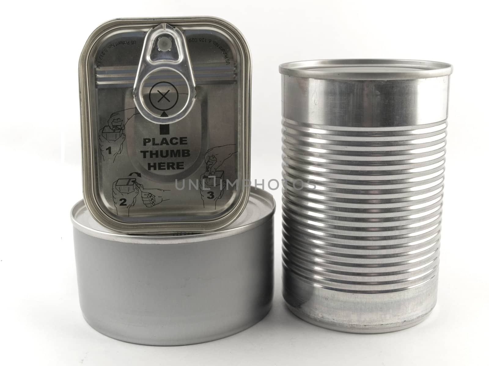 Three Different Types of Tin Can for Food White Backgound