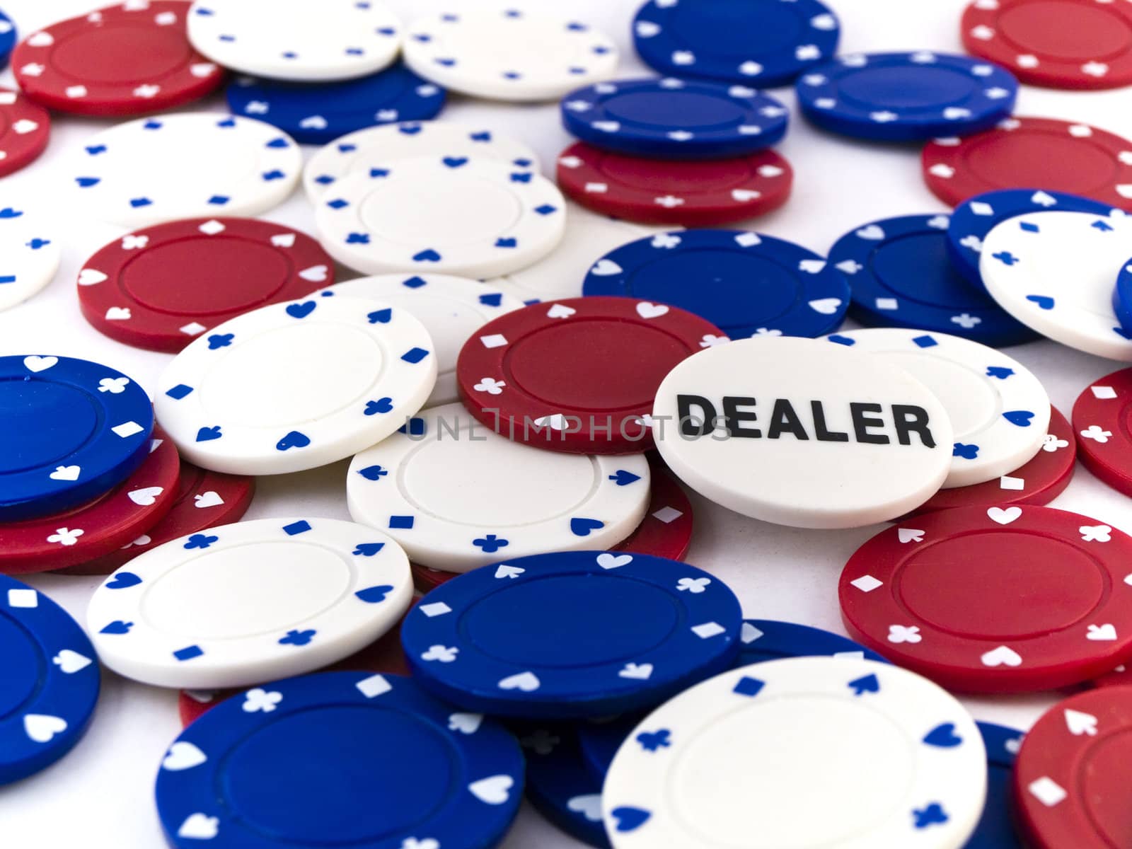 Red White and Blue Poker Chips and Dealer on White Background by bobbigmac