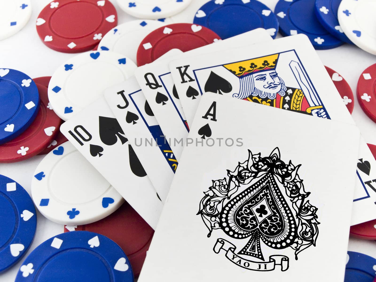 Red White and Blue Poker Chips and Royal Flush on White Background