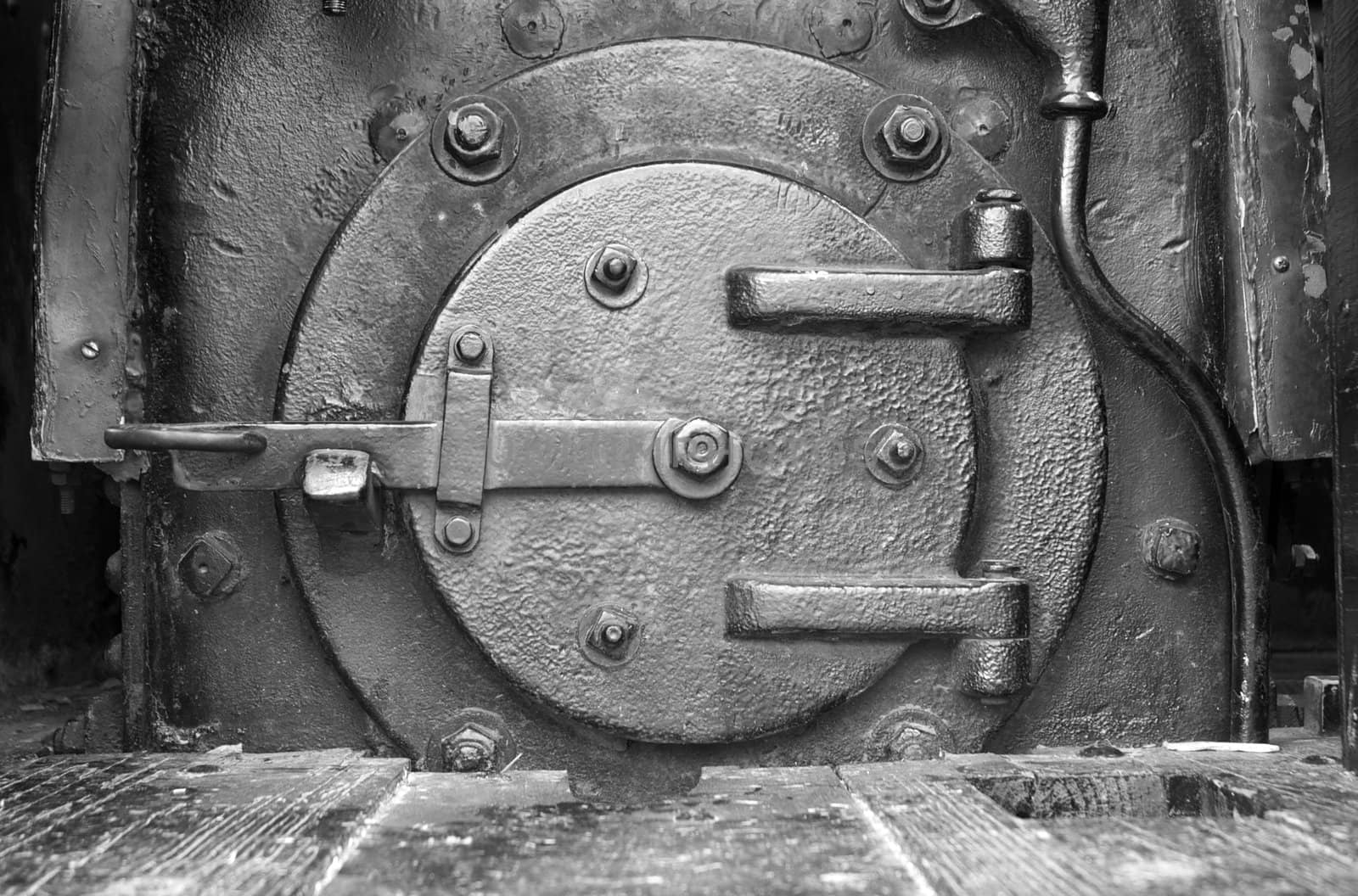 Fuel door in a steam powered locomotive