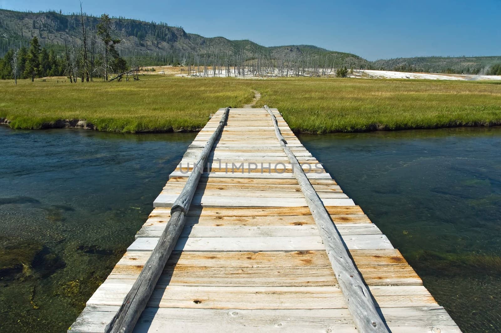 Wooden bridge crossing a small river in Yellowstone National Park, United States.