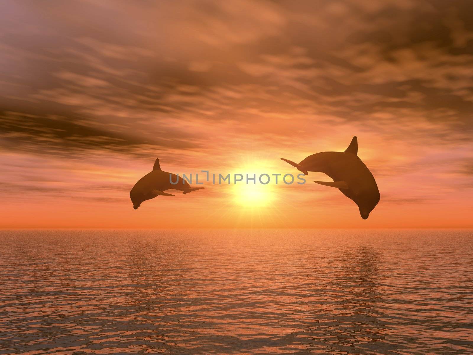 two dolphins floating at ocean (realistic red sunset)