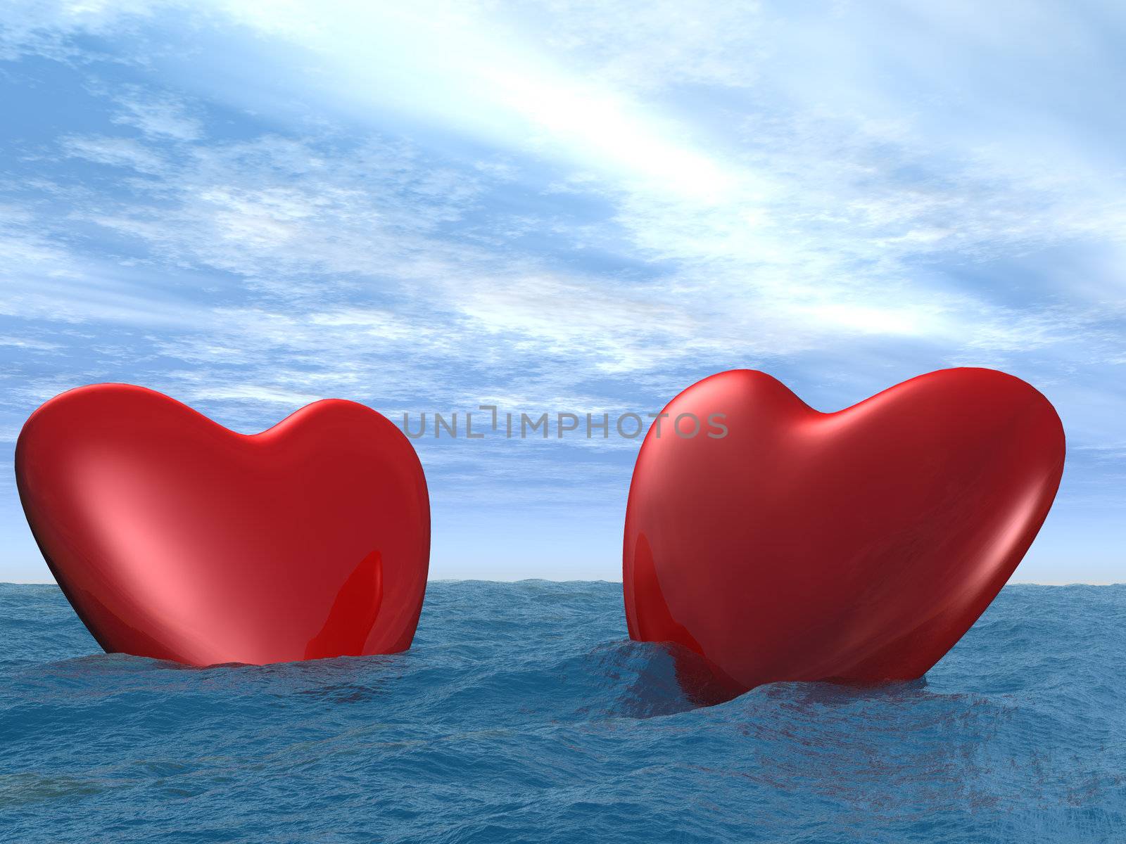 Two hearts floating at restless ocean (high detailed elaboration)