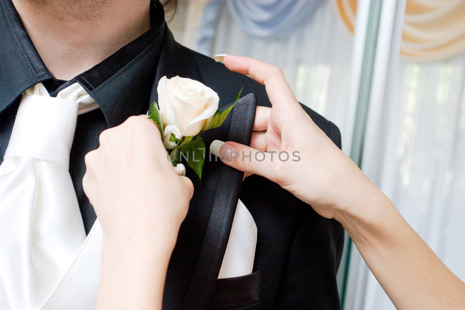 hands of the girl attach a rose to the suit of the man