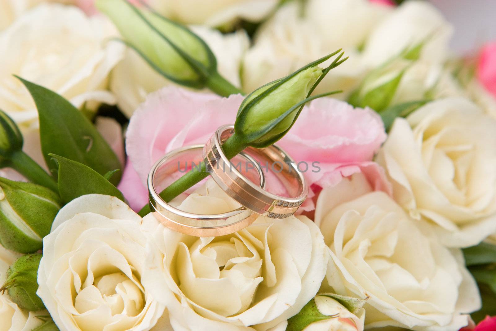 gold rings and rose bouquet by vsurkov