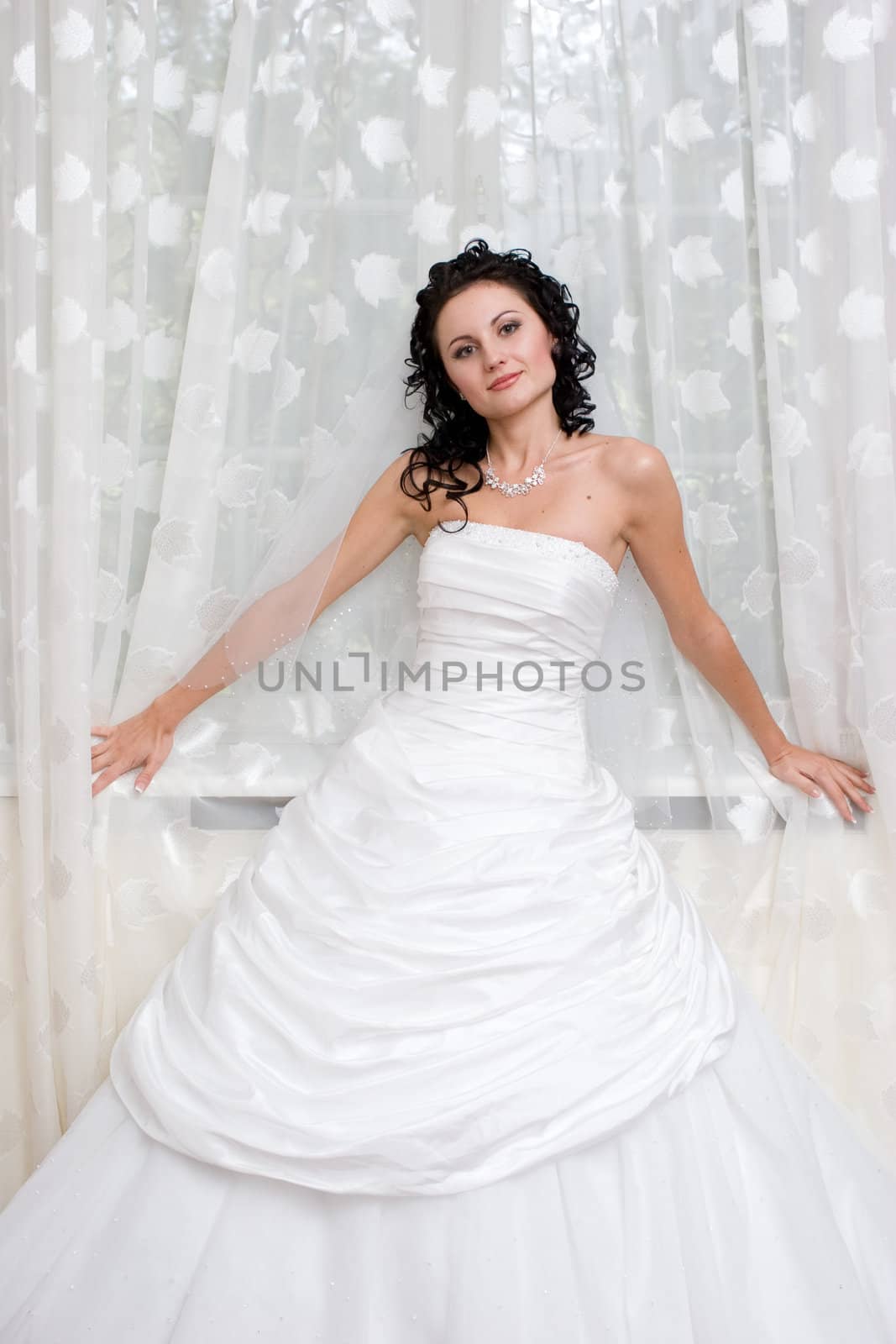 buautiful girl in wedding dress stands by the window