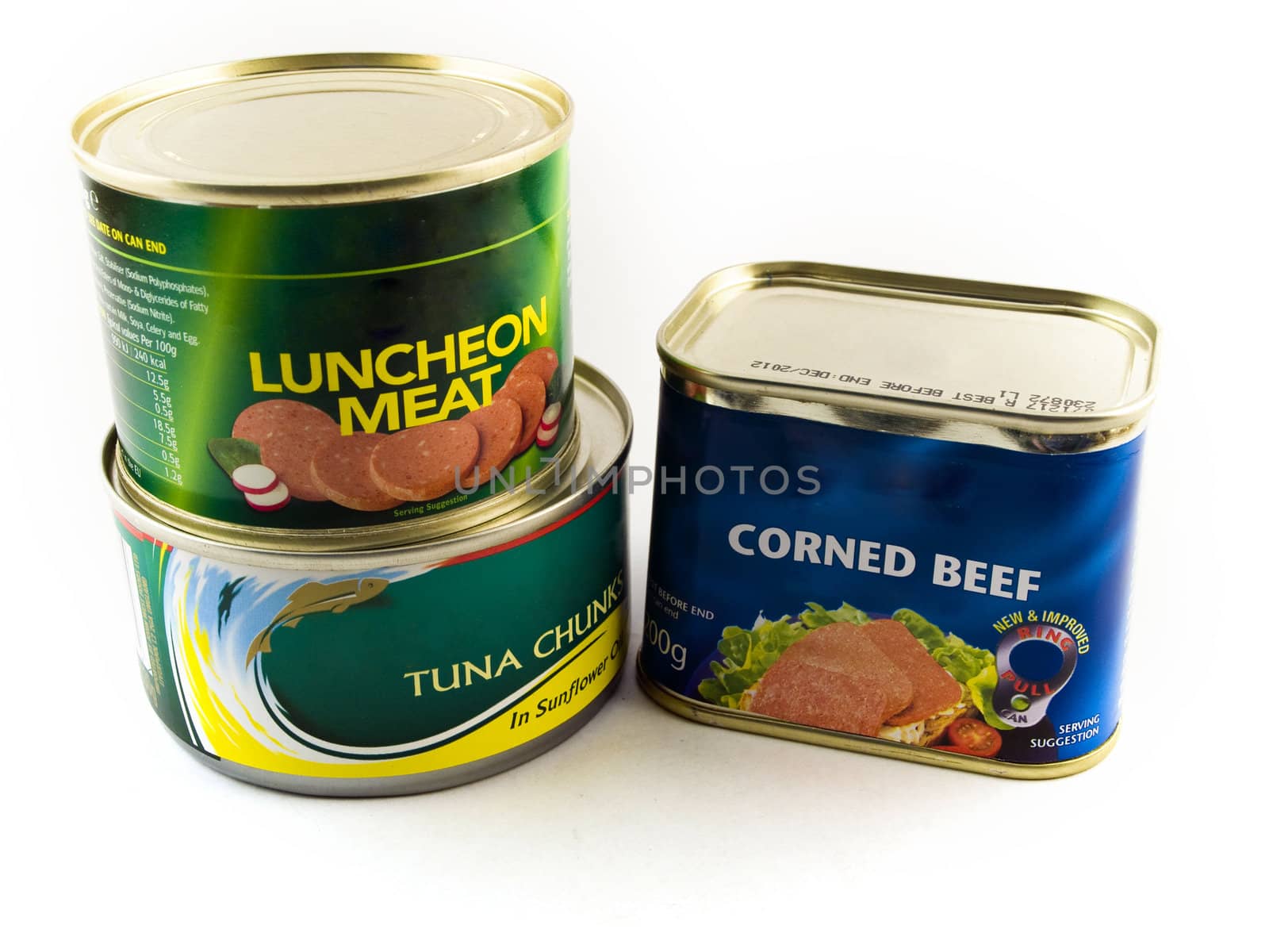 Canned Tins of Meat and Fish on White Background by bobbigmac