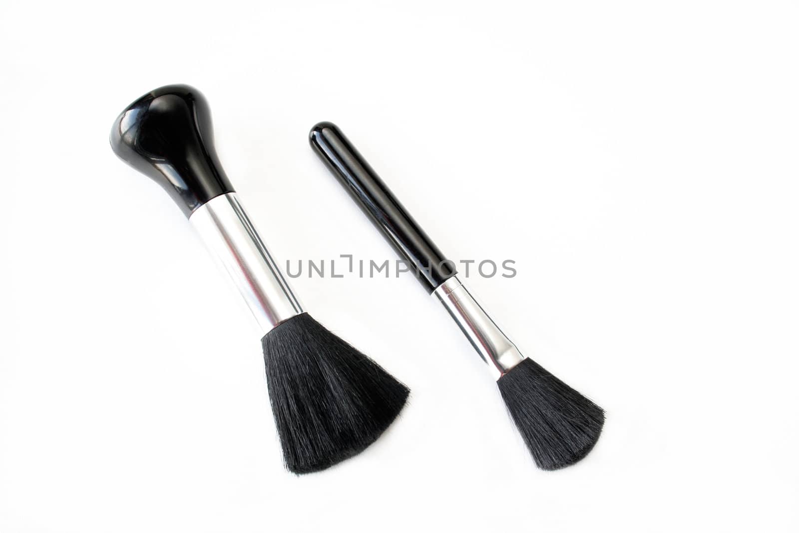 Two makeup brushes on a white background with copy space available.