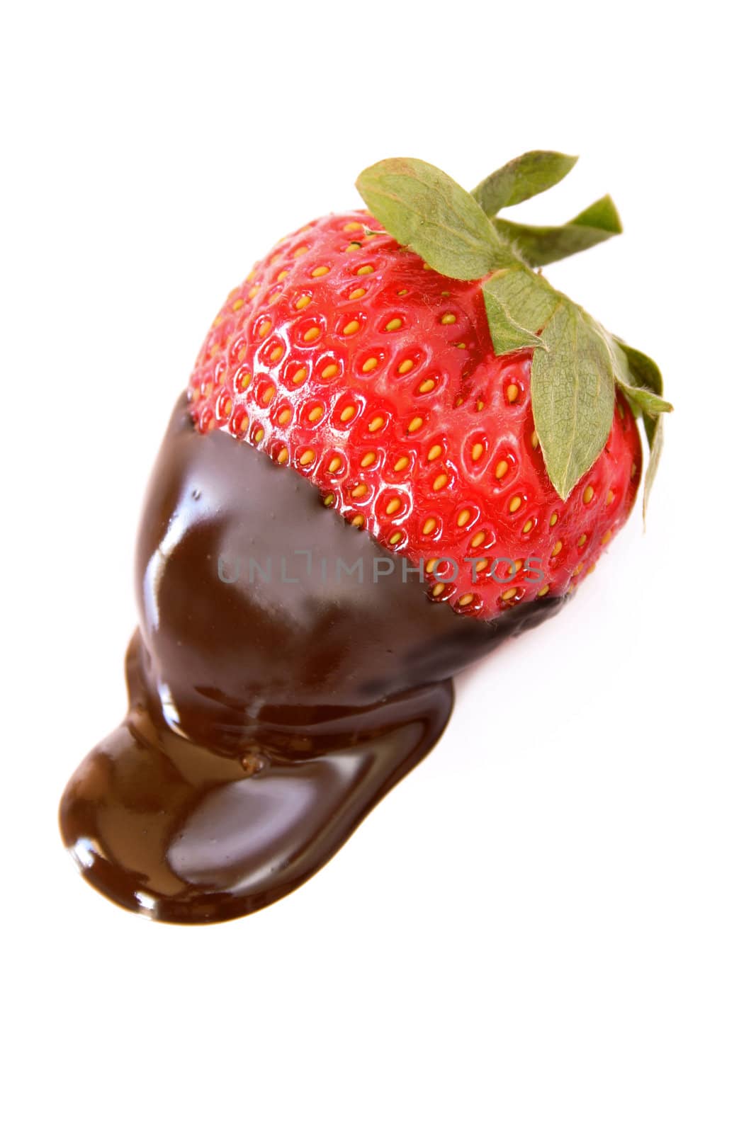 Strawberry dipped in dark chocolate on a white background.