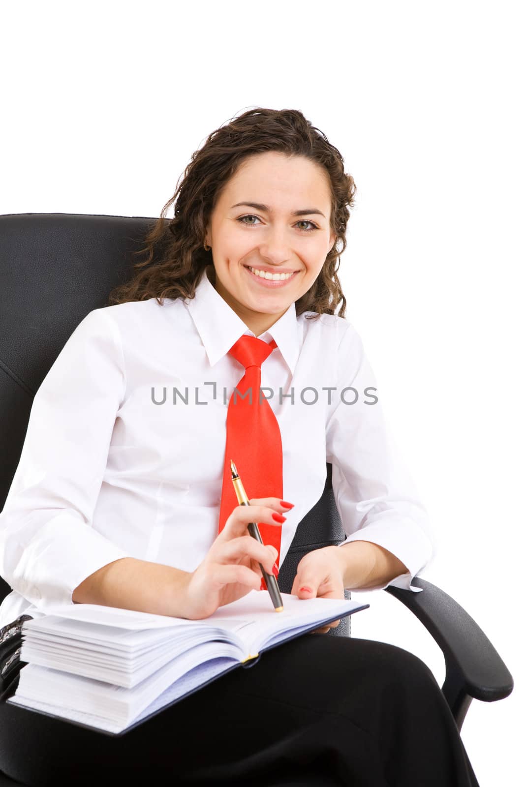 businesswoman seat in armchair and holds pen and book
