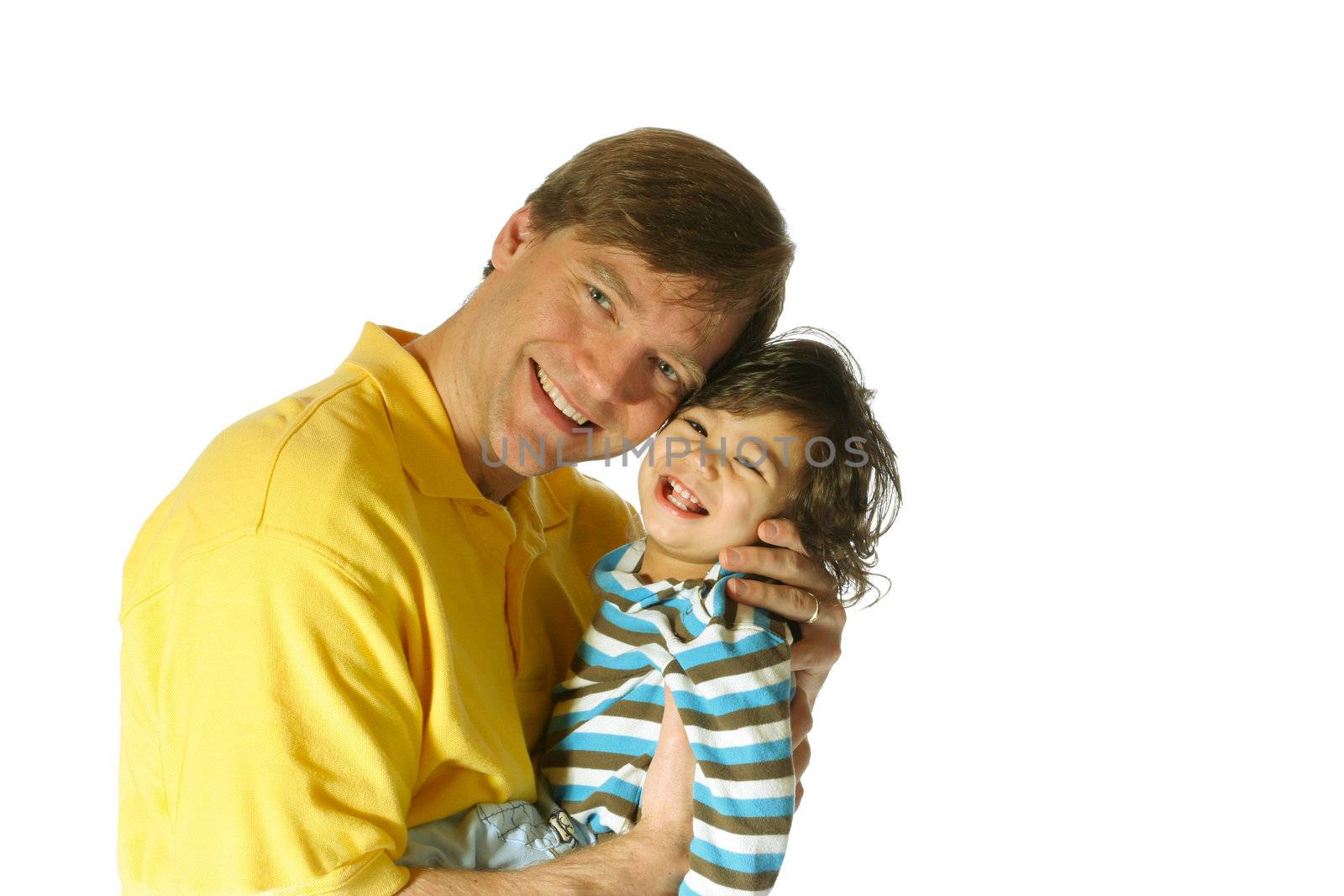 Handsome father holding his toddler son, isolated on white.
