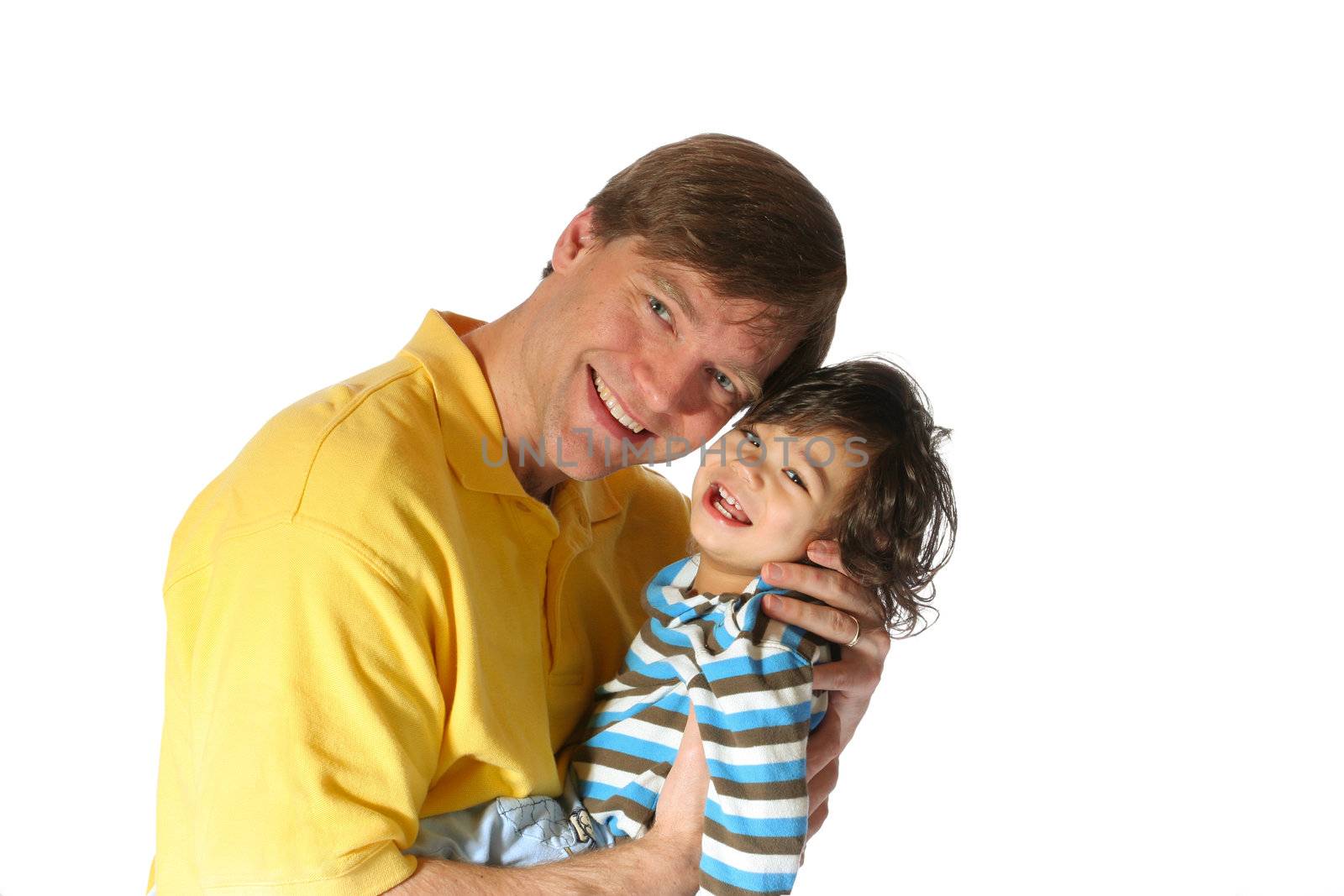 Handsome father holding his toddler son, isolated on white.