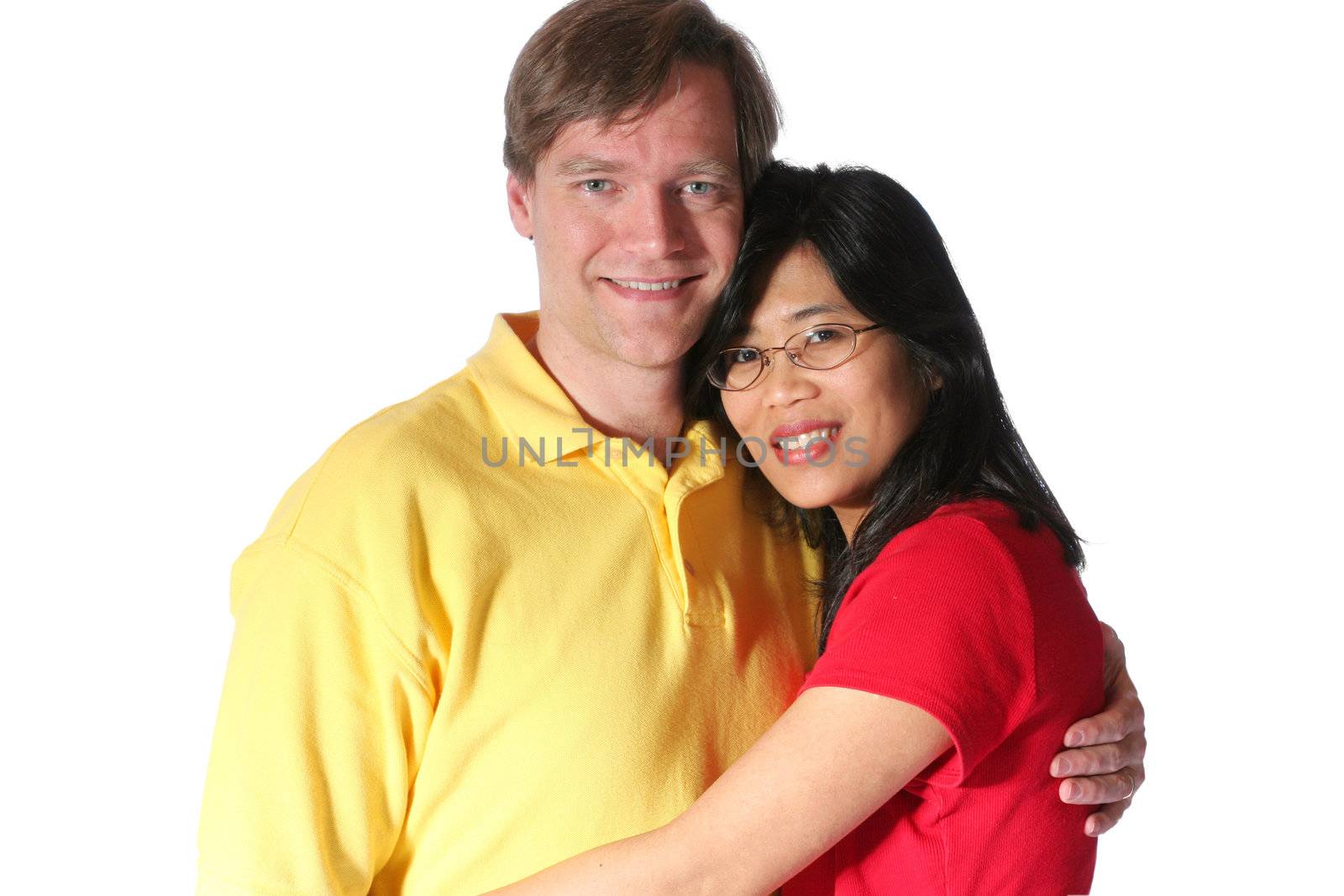 Young family isolated on white. Husband is caucasian Scandinavian descent, wife is Thai.