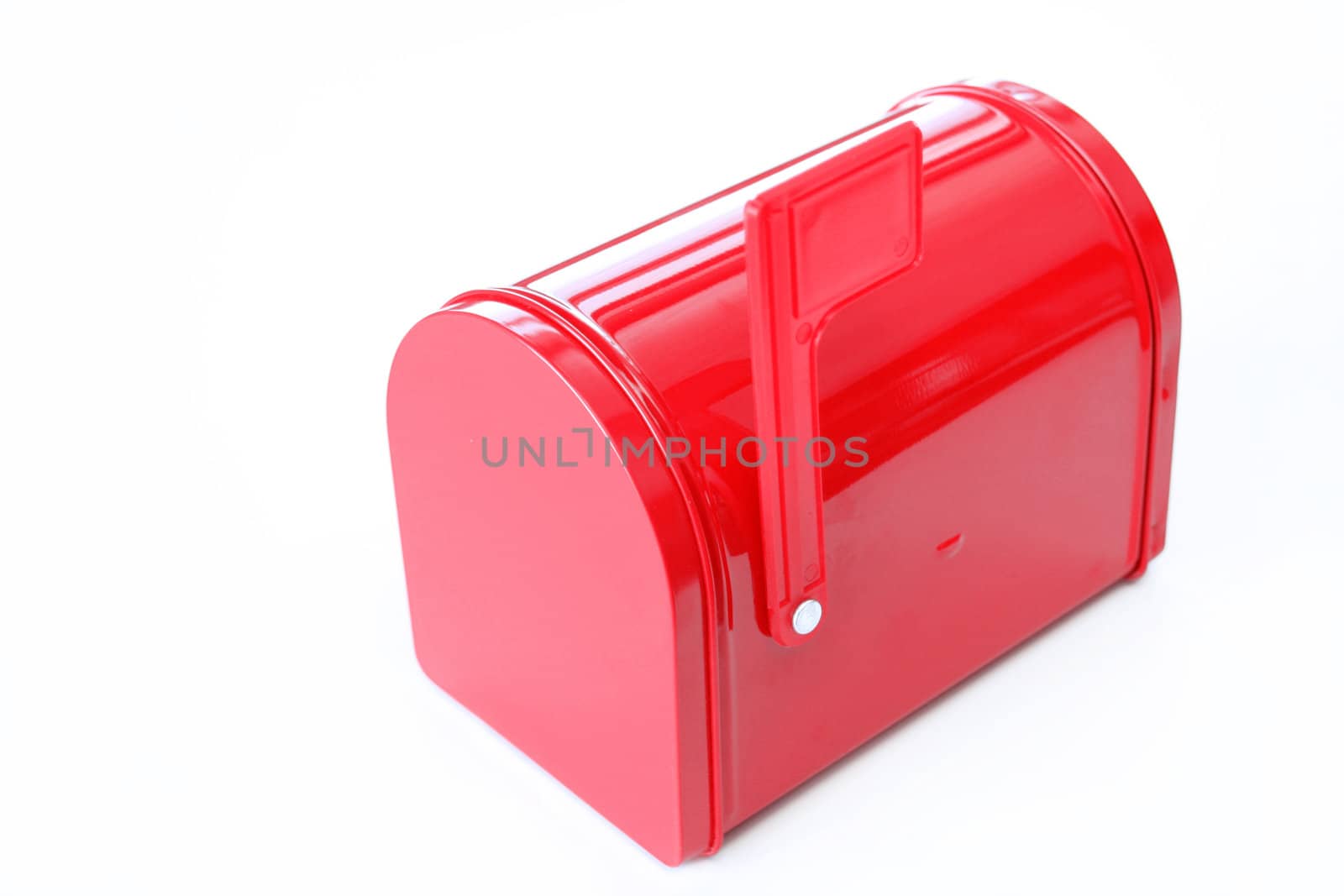 Bright red mail box with flag up and shot on a white background with copy space.