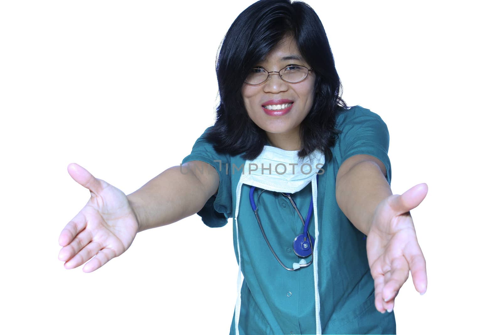 Kind nurse smiling with welcoming arms, reassuring patients.