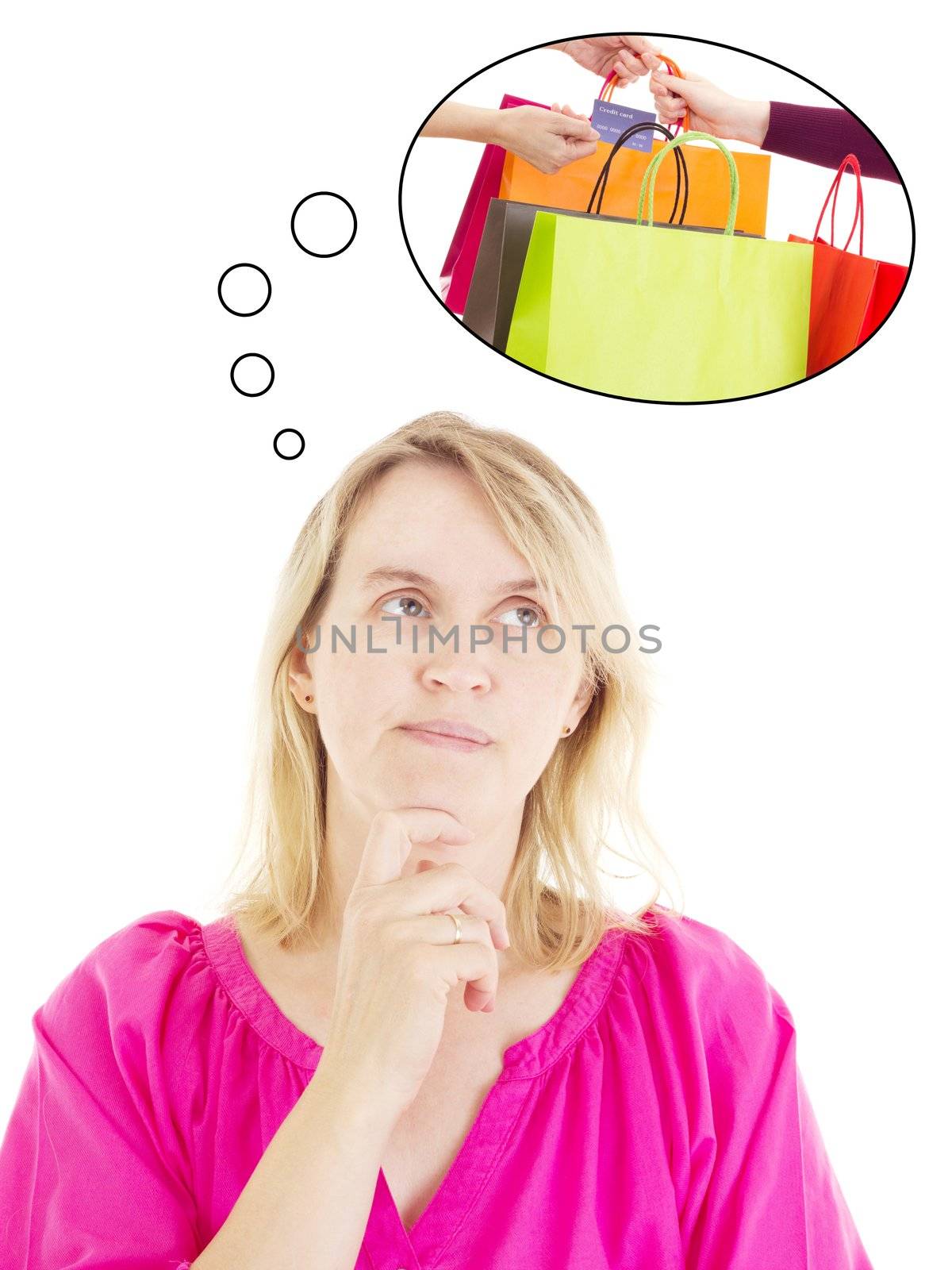 Woman thinking about shopping by gwolters