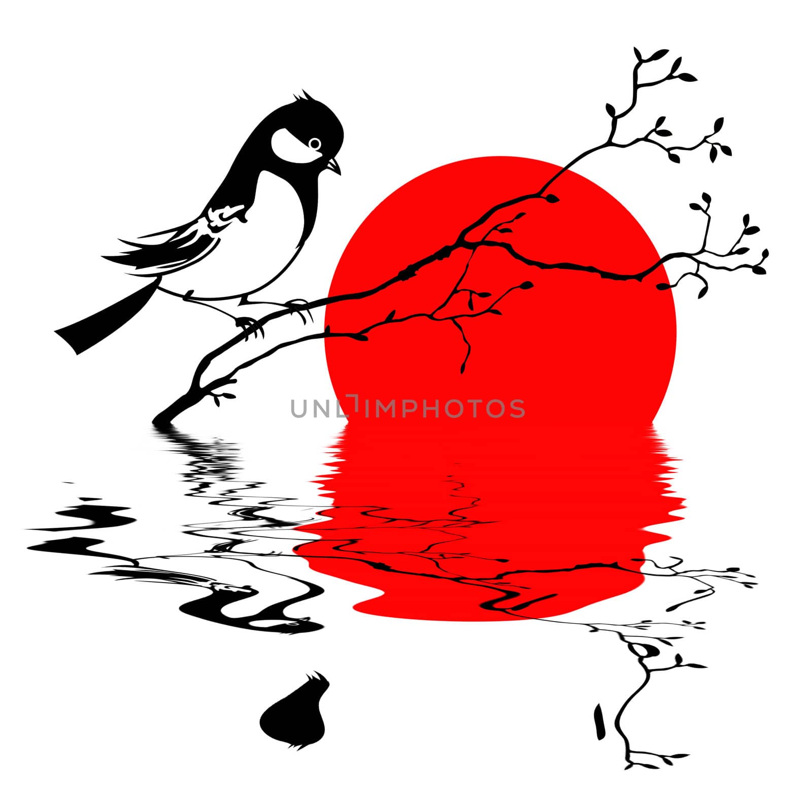 bird on branch silhouette on solar background, vector illustration