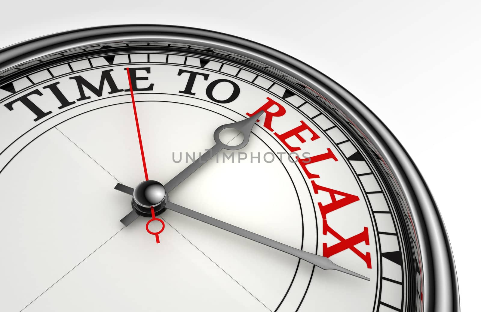 relax red word on concept clock closeup on white background