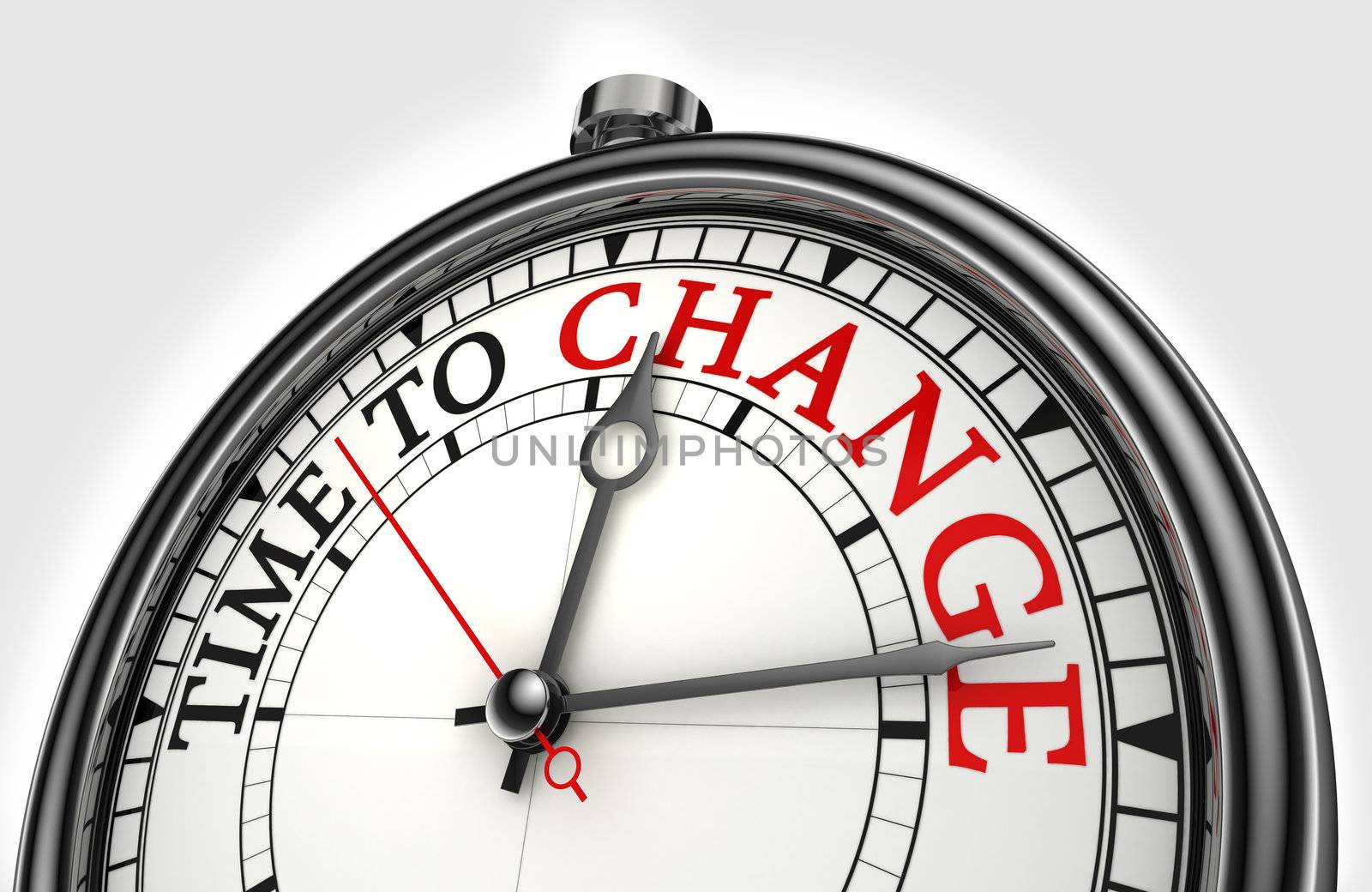 time to change concept clock closeup on white background with red and black words