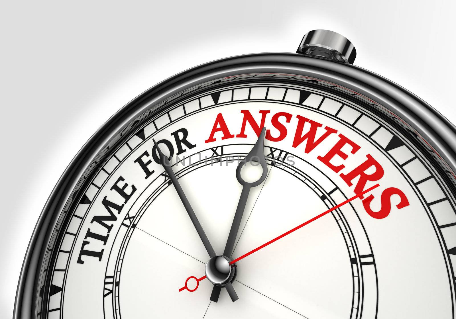 answers time concept clock closeup on white background with red and black words