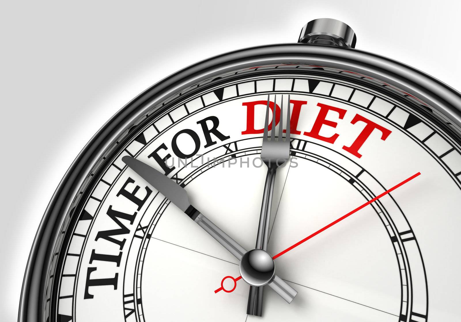 diet time concept clock closeup on white background with red and black words