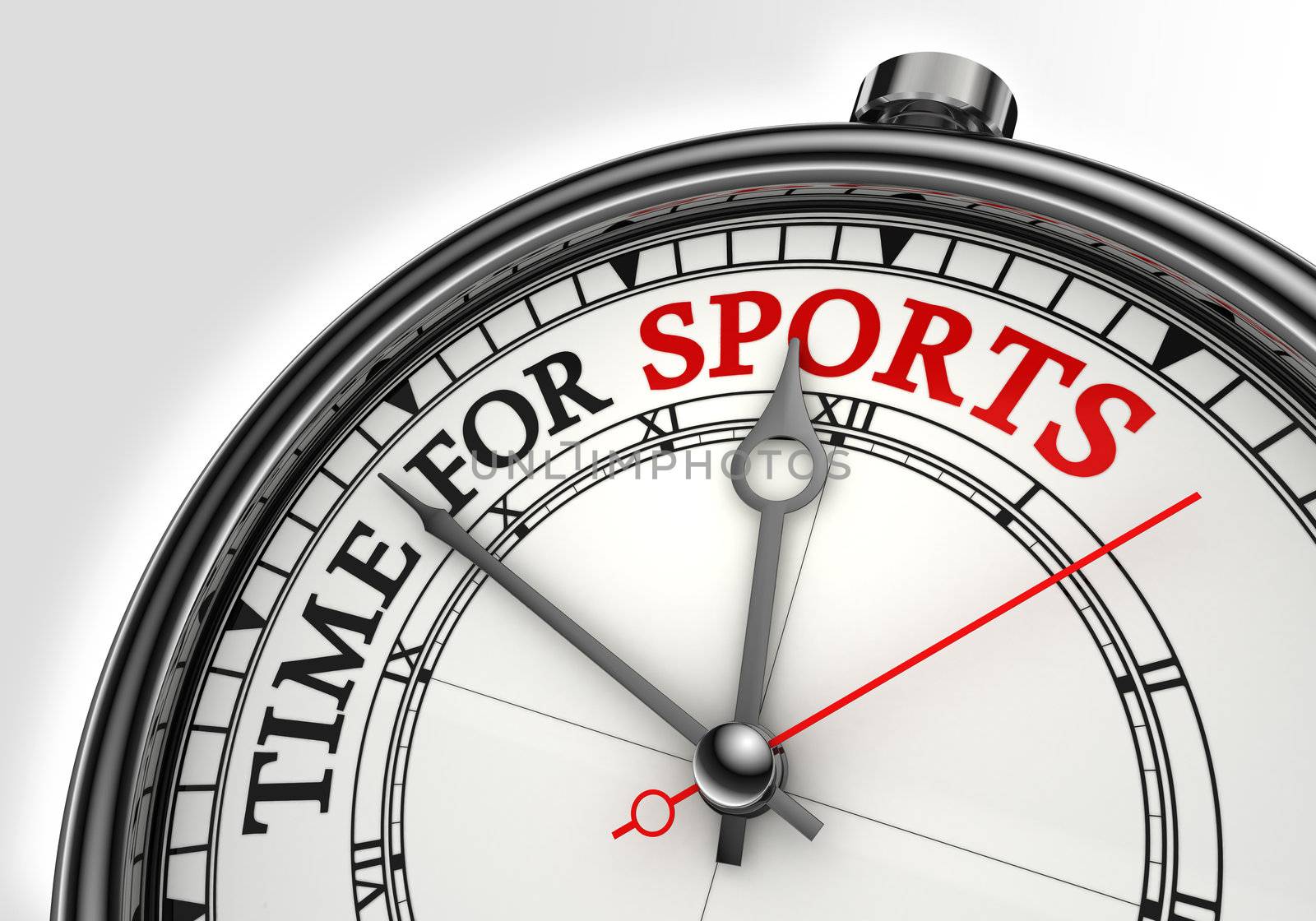 time for sports concept clock closeup on white background with red and black words