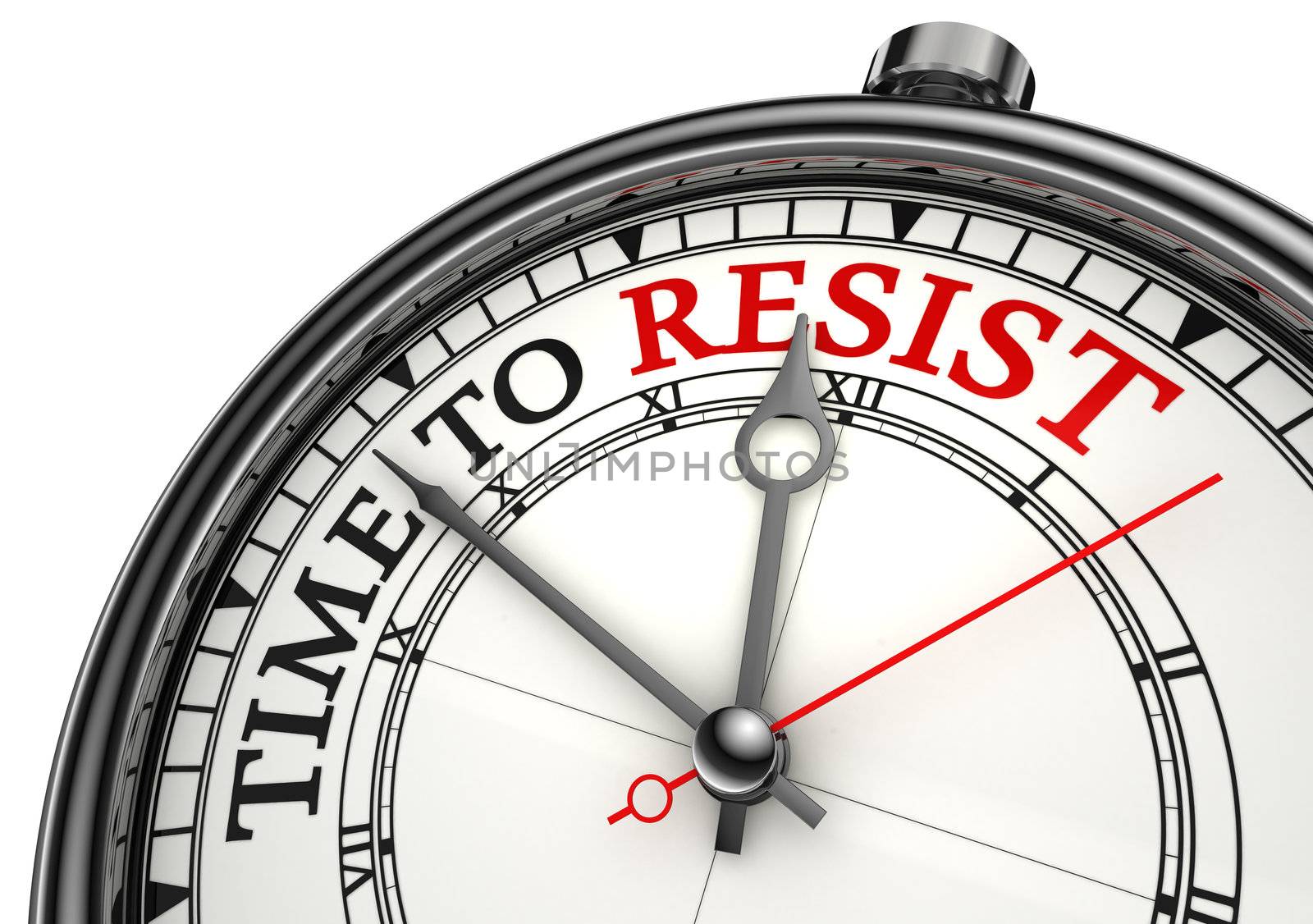 time to resist concept clock closeup on white background with red and black words