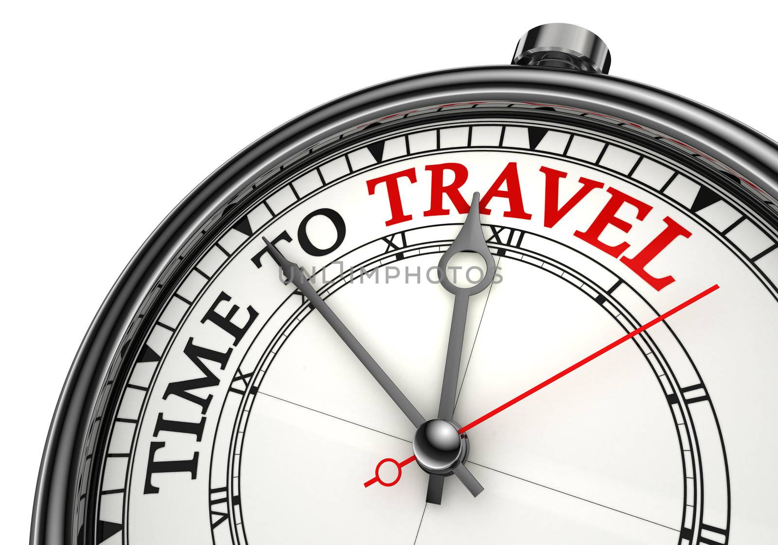 time to travel concept clock closeup on white background with red and black words
