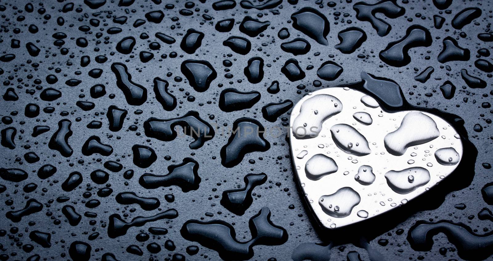 metal heart on a black wet background