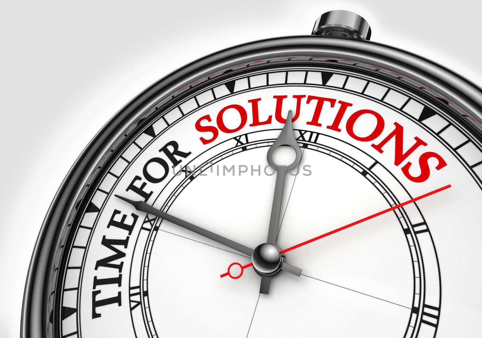 time for solutions concept clock closeup on white background with red and black words