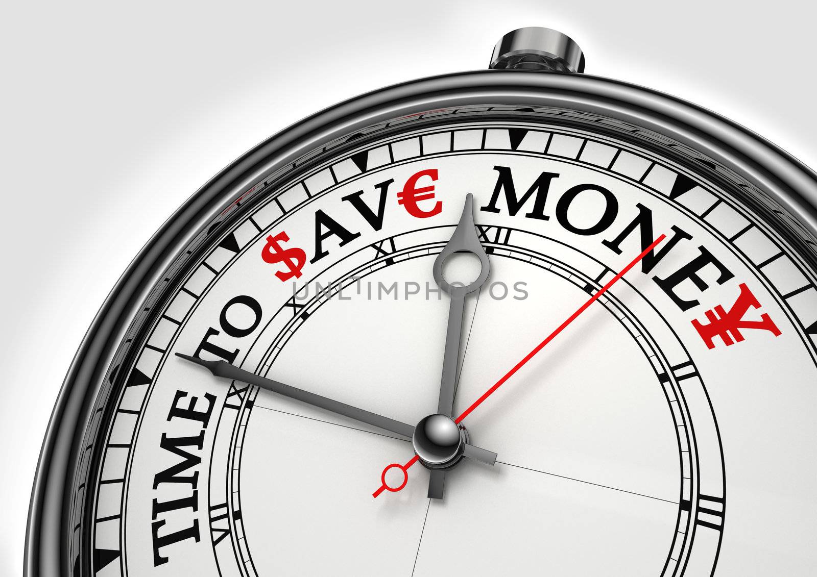 time to save money concept clock closeup on white background with red and black words