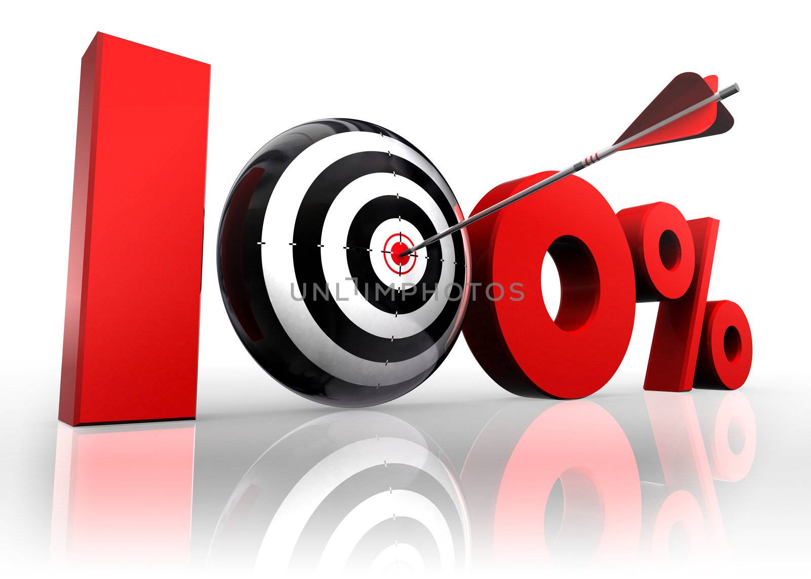 hundred per cent 100% red with conceptual target and arrow reflect on white background
