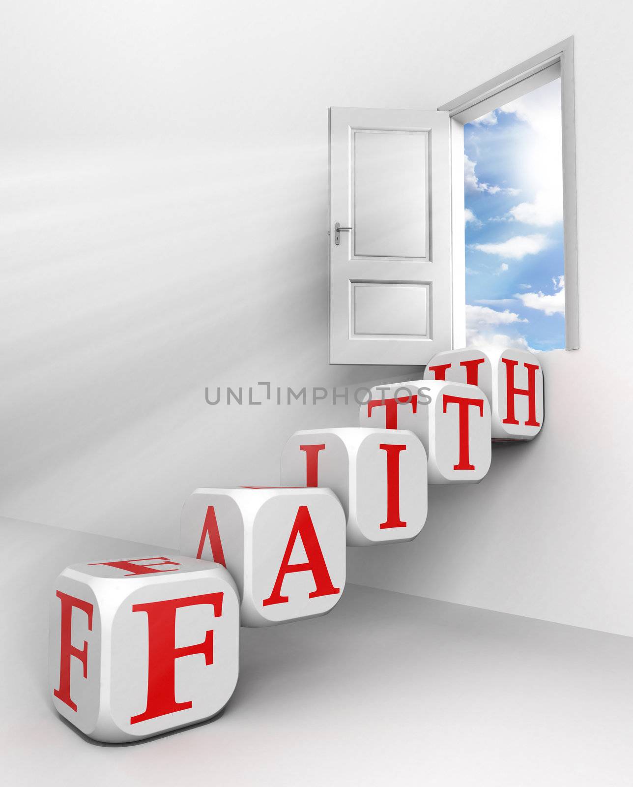 faith red word conceptual door with sky and box ladder in white room metaphor 