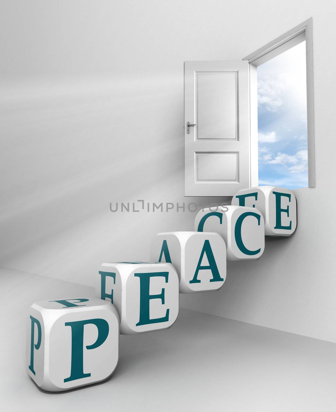 peace red word conceptual door with sky and box ladder in white room metaphor 