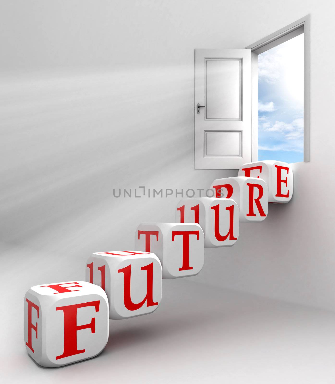 future red word conceptual door with sky and box ladder in white room metaphor 