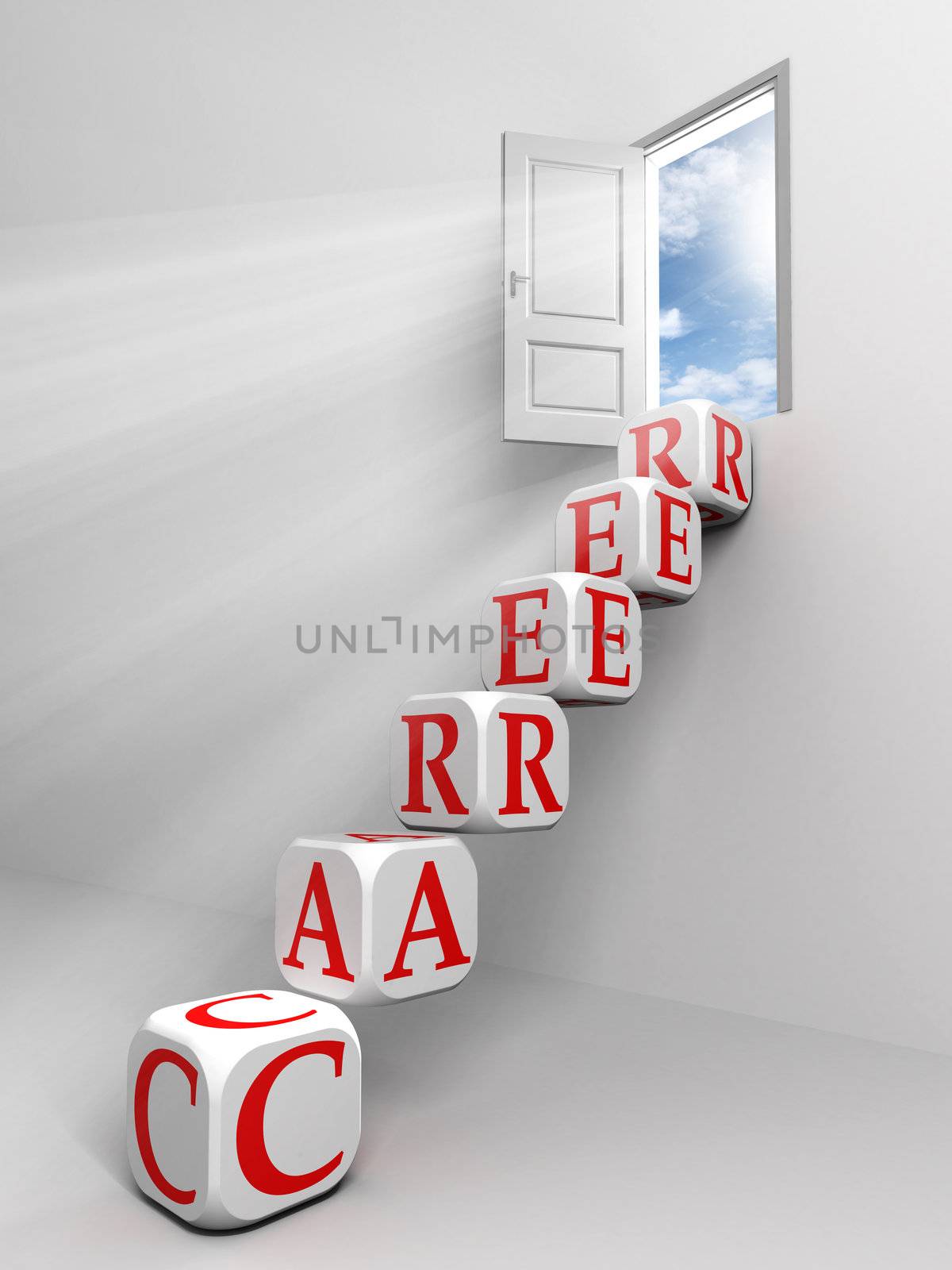 career conceptual door and box ladder in white room metaphor for success 