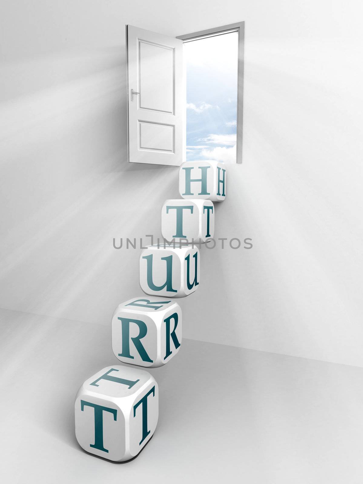 truth conceptual door and box ladder in white room 