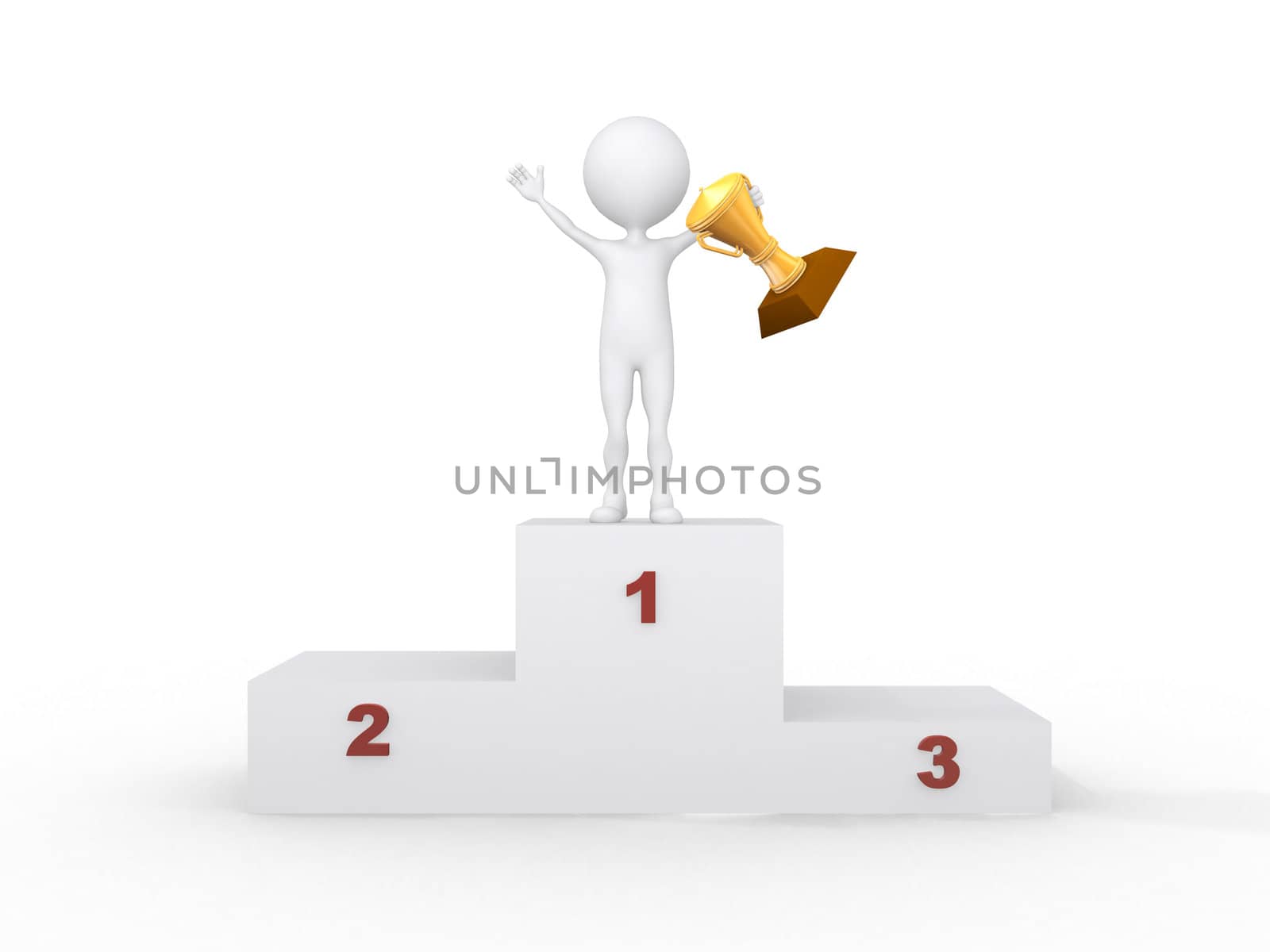 3d people- human character with the cup on the podium This is a 3d render illustration