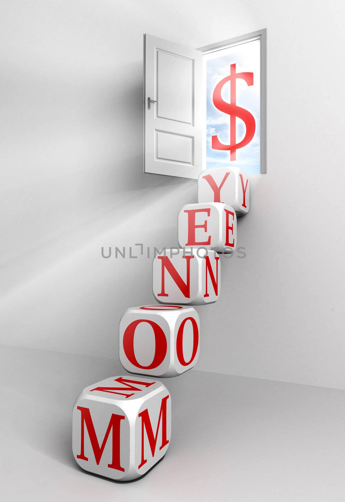 money conceptual door with sky and box red word  ladder in white room with dollar symbol metaphor 
