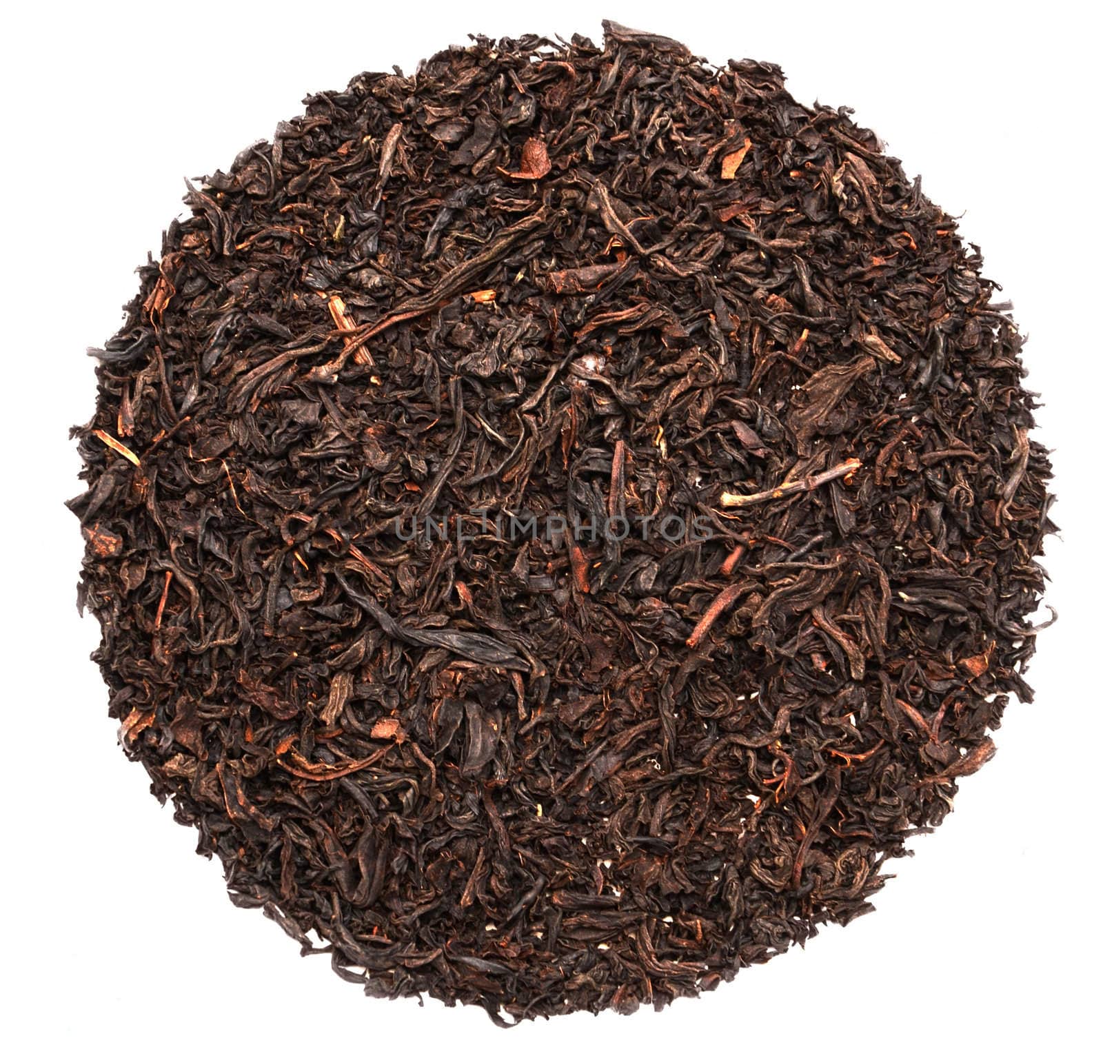 Black tea leaves on white background 