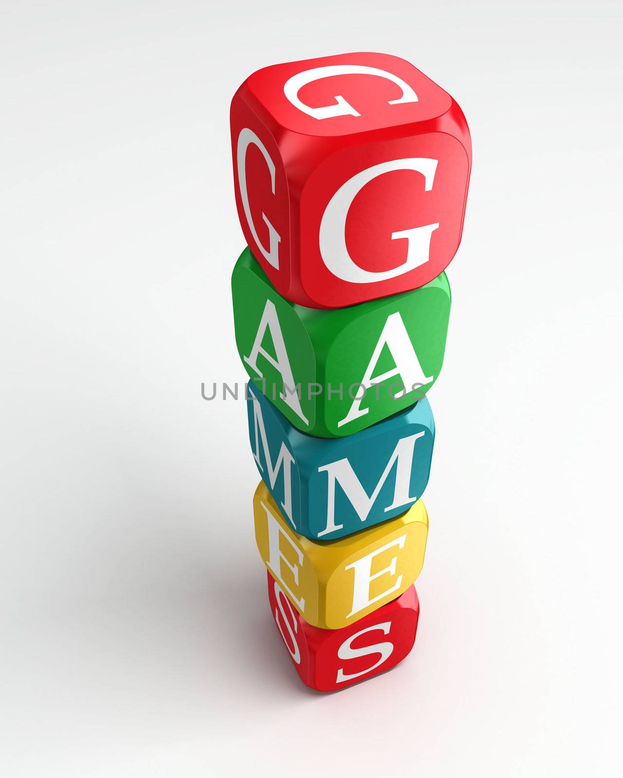 games 3d colorful buzzword dice tower on white background