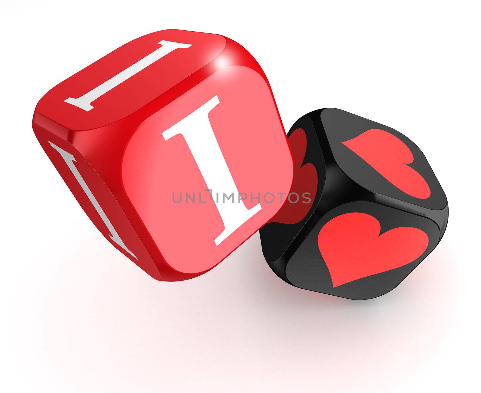 i love 3d red white black dices on white background