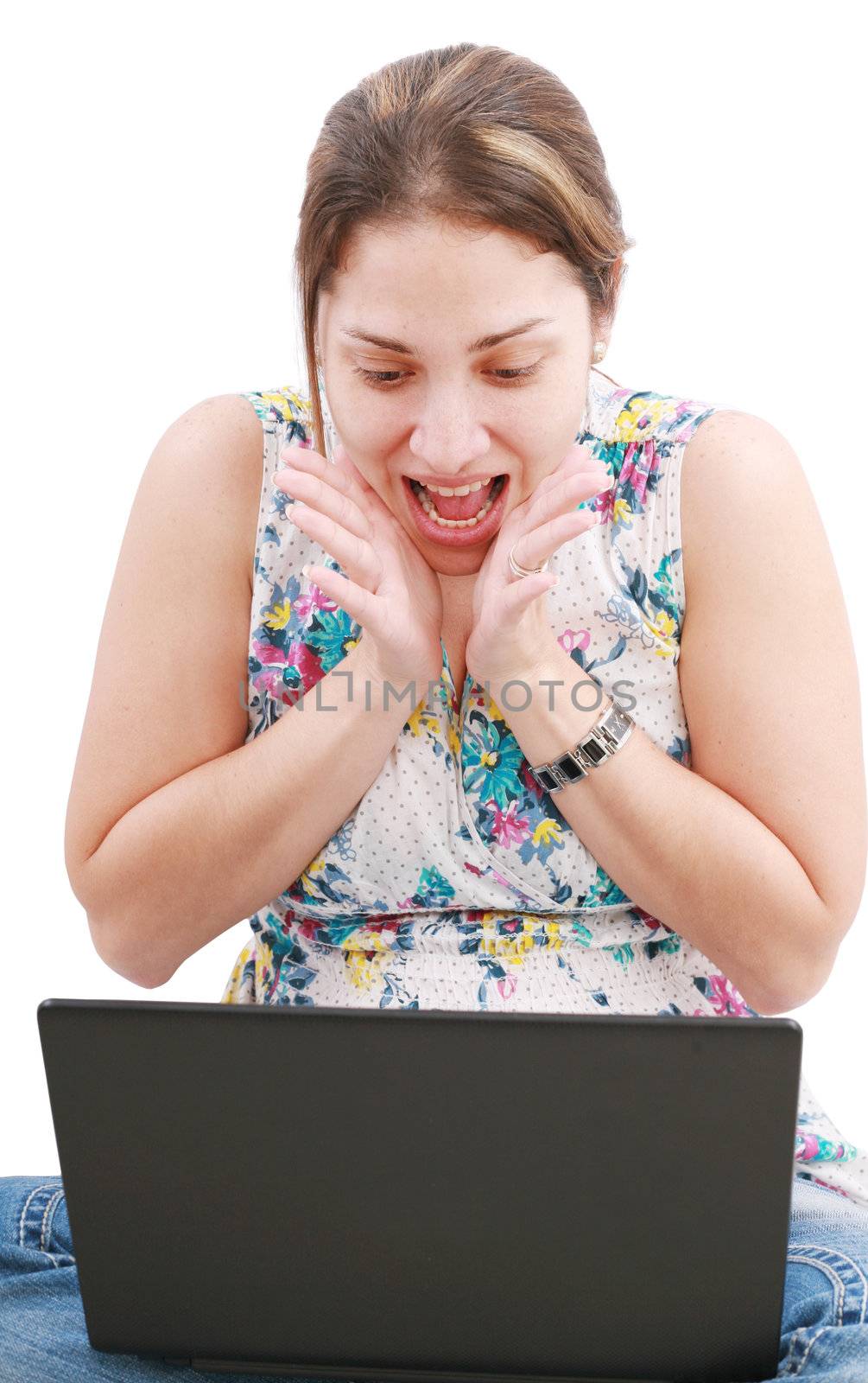 surprised girl looking in laptop, facial expression, isolated on white background