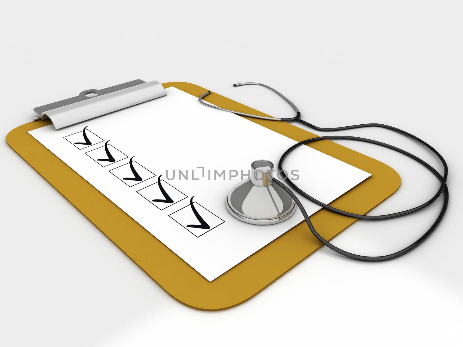 Medical clipboard with checklist paper for messages and a stethoscope