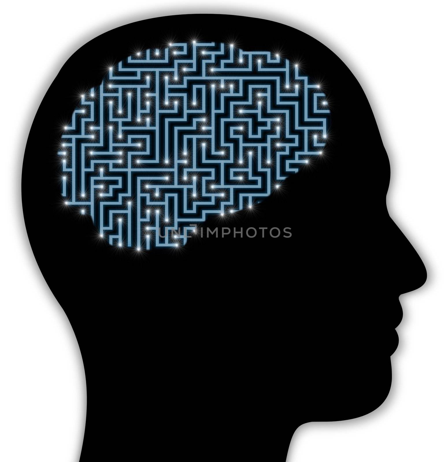 Illustrated side view of a persons head with a brain made of a maze with glowing neurons