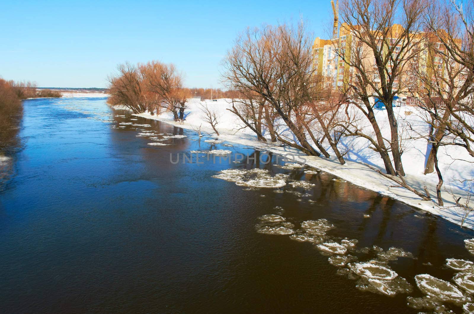 Winter river.Chunks of ice floating on the river in winter