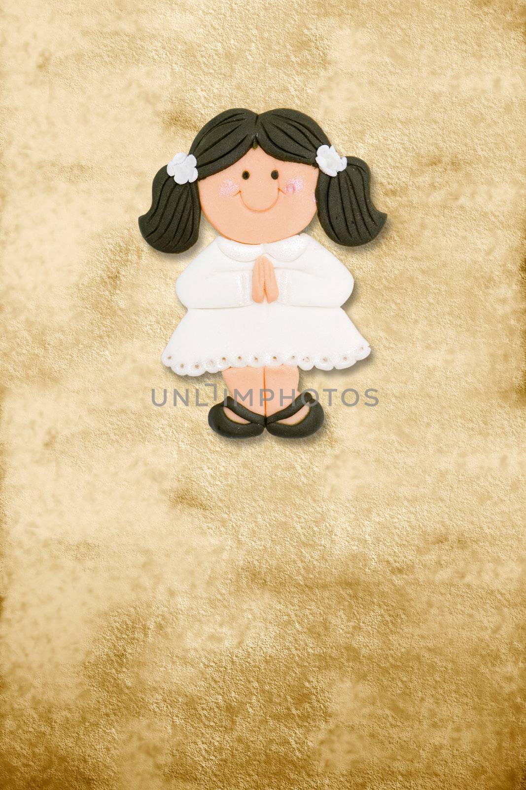 vertical card first communion, funny brunette girl by Carche